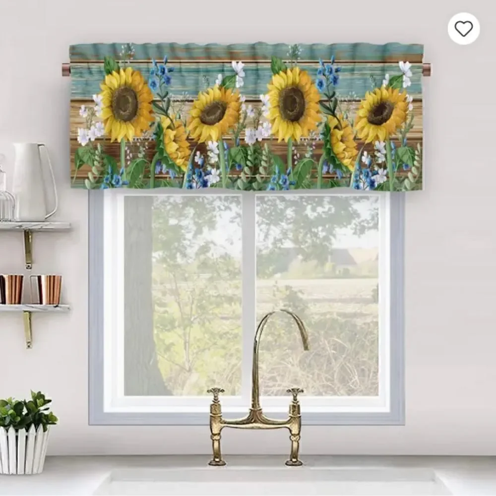 NEW! Country Farmhouse Sunflower Wood Grain Look Window Valance Floral Boho